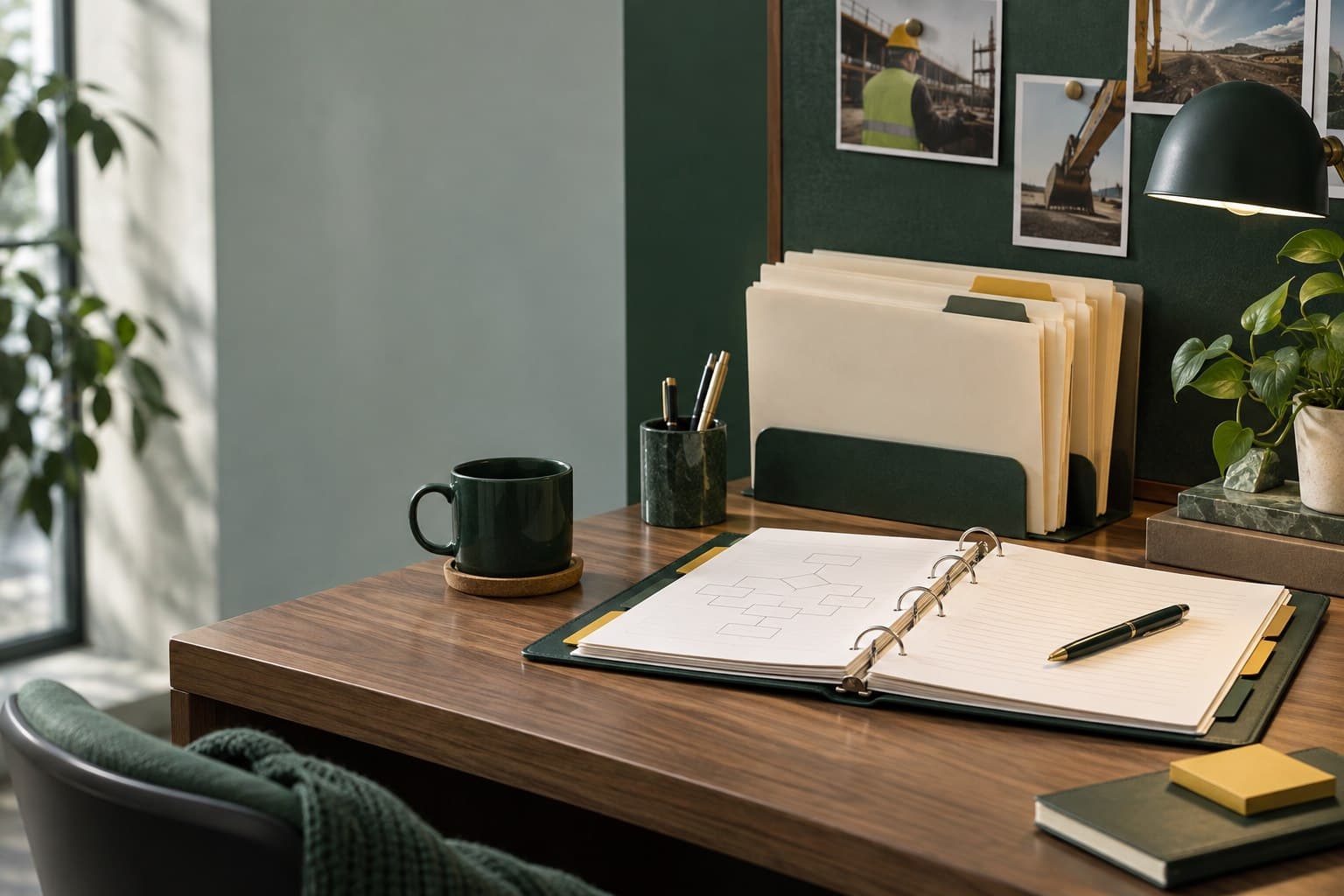 Workers' compensation reference binder, organized folders, and field-safety photographs in a resource workspace