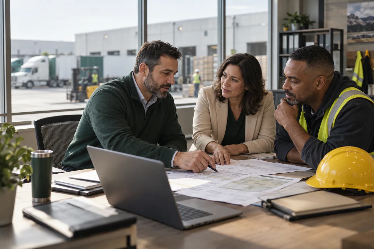 A wholesale insurance professional, retail agent, and employer reviewing a workers' compensation opportunity together beside an active distribution facility