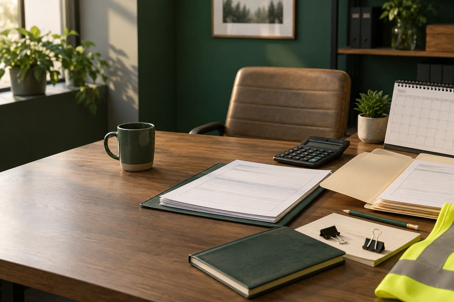 Organized planning desk with forms, a calendar, calculator, folders, and safety gear