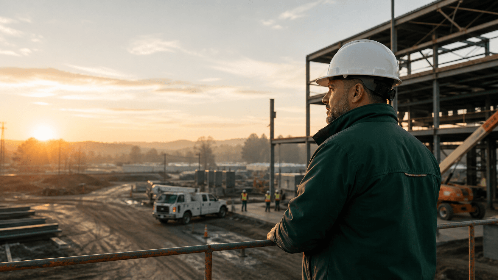 Commercial insurance field specialist overlooking an active construction site