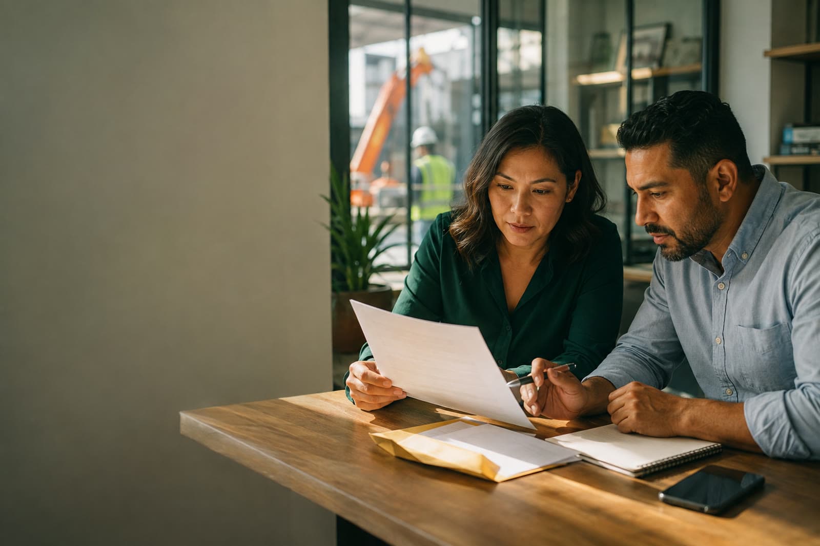 Business owner and insurance agent reviewing an urgent workers' compensation letter